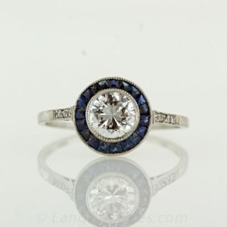 Delicate Art Deco Style Diamond and Sapphire Ring Main View 1