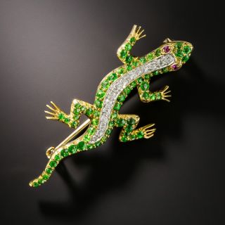Demantoid Garnet and Diamond Salamander Brooch  - 1