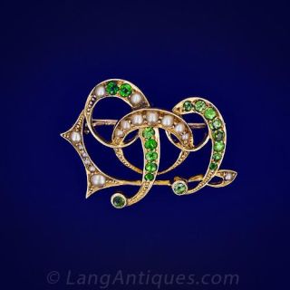 Victorian Demantoid Garnet Seed Pearl Gold Brooch 