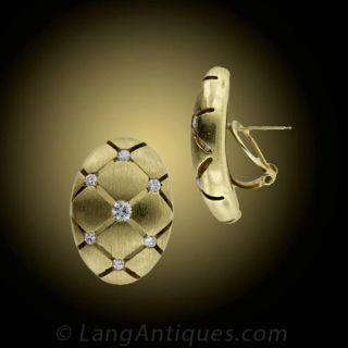 Diamond & 18 Karat Textured Gold Earrings