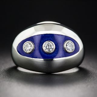 Diamond and Blue Enamel Three-Stone Ring, size 5
