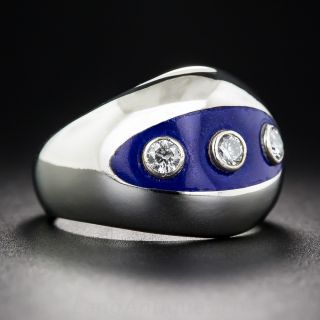 Diamond and Blue Enamel Three-Stone Ring, size 5