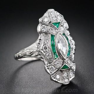 Diamond and Calibre "Green Stone" Art Deco Dinner Ring
