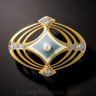 Diamond and Pearl Enamel Brooch