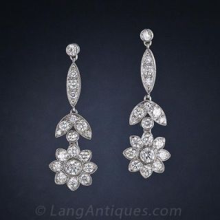 Diamond and Platinum Flower Drop Earrings