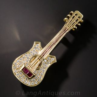 Diamond and Ruby Guitar Brooch
