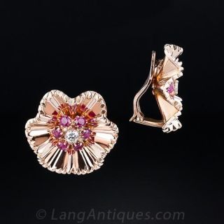 Diamond and Ruby Retro Clip Earrings