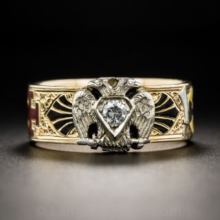 Diamond, Enamel and Two-Tone Gold 32nd Degree Masonic Band Ring