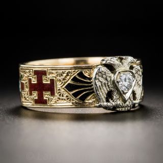 Diamond, Enamel and Two-Tone Gold 32nd Degree Masonic Band Ring