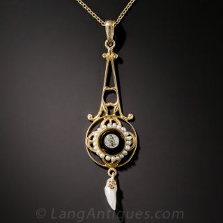 Diamond, Onyx, and Seed Pearl Pendant