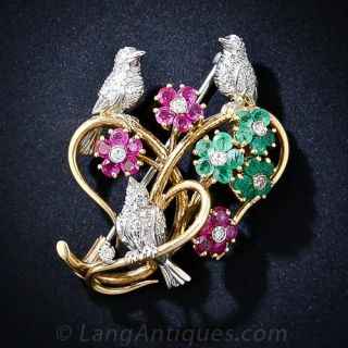 Diamond, Ruby and Emerald Love Bird Brooch