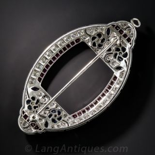 Art Deco Style Platinum Diamond Sapphire Ruby Brooch 