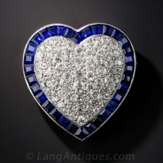  Diamond Sapphire Platinum Heart Pin / Pendant - 1
