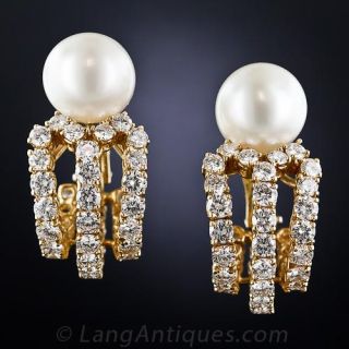 Diamond, South Sea Pearl, 18K Yellow Gold Ear Clips - 1