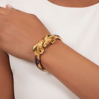 Double Ram's Head Enamel Bangle Bracelet