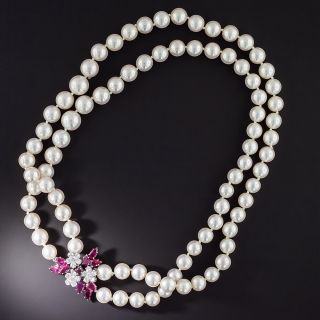Double-Strand Cultured Pearl, Ruby and Diamond Necklace - 1