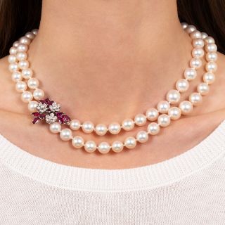 Double-Strand Cultured Pearl, Ruby and Diamond Necklace