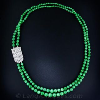 Double-Strand Jade Bead Necklace with Art Deco Diamond Clasp