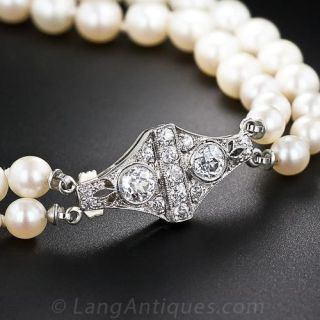 Double Strand of Cultured Pearls with Deco Diamond Clasp