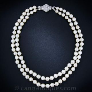 Double Strand of Cultured Pearls with Deco Diamond Clasp