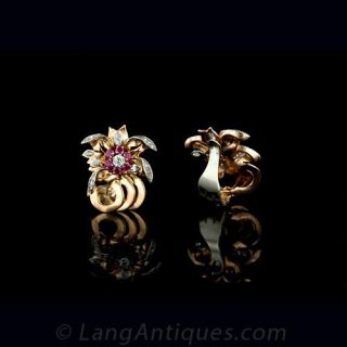 Dramatic Rose Gold , Diamond and Ruby Retro Ear Clips
