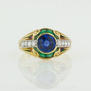 Durand---Co.-Sapphire--Diamond-and-Chrysoprase-Ring--Circa-1900-Main-View