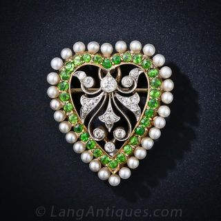 Early-20th Century Demantoid and Diamond Heart Pin