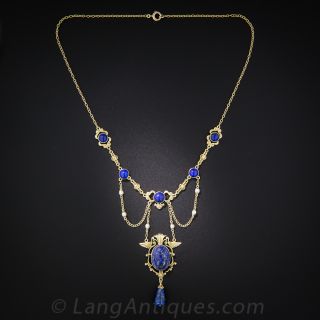 Early 20th Century Egyptian Revival Lapis and Seed Pearl Necklace