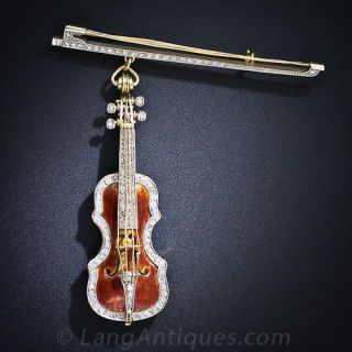Antique Diamond Enamel Violin Brooch 