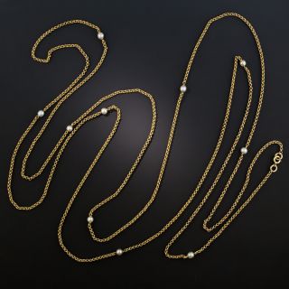Early 20th Century French 66-Inch 18K Chain with Natural Pearls