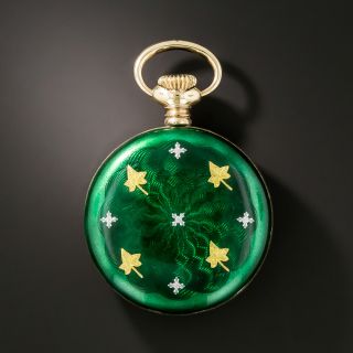 Early 20th Century Sterling Silver Green Guilloché Enamel Pendant Watch - 4