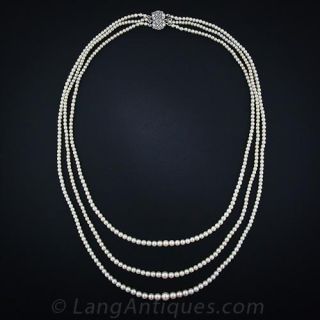 Early 20th Century Triple Strand Natural Pearl Necklace