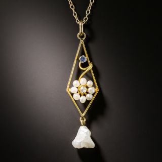 Early 20th Century Yellow Gold Pearl and Sapphire Pendant - 2