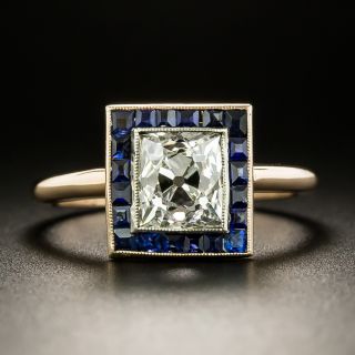 Early Art Deco 1.40 Carat Antique Cushion-Cut Diamond and Synthetic Sapphire Ring - 2
