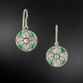Early Art Deco Diamond and Emerald Floral Earrings - 2