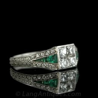 Early Art Deco French Cut Diamond and Calibre Emerald Ring