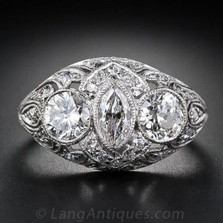 Early Art Deco Marquise Diamond Center Three Stone Ring