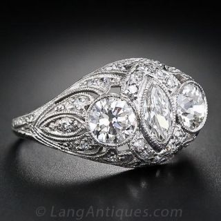 Early Art Deco Marquise Diamond Center Three Stone Ring