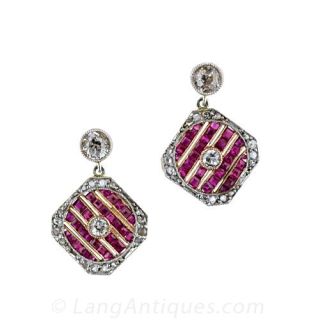 Early Art Deco Synthetic Ruby & Diamond Earrings