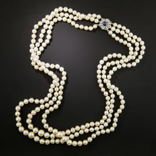 Art Deco Triple Strand Cultured Pearls With Sapphire Clasp - 3