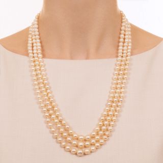 Art Deco Triple Strand Cultured Pearls With Sapphire Clasp