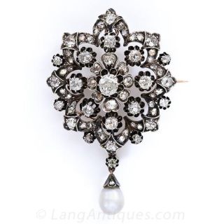Early Victorian Diamond Brooch/Pendant with Natural Pearl Drop