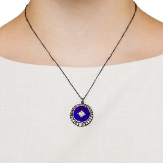 Early Victorian Guilloche Enamel and Diamond Pendant
