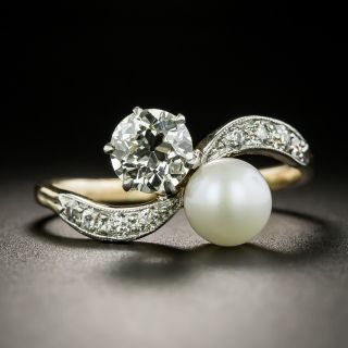 Edwardian 1.05 Carat Diamond and Natural Pearl Toi et Moi Ring - GIA J VVS2 - 1