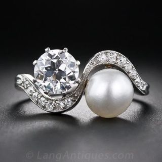 Edwardian 1.08 Carat Diamond And Natural Pearl Twin Ring - GIA F VS2 - 1