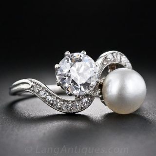 Edwardian 1.08 Carat Diamond And Natural Pearl Twin Ring - GIA F VS2