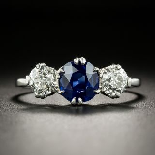 Edwardian 1.26 Carat No-Heat Pailin Sapphire and Diamond Three-Stone Ring - 2
