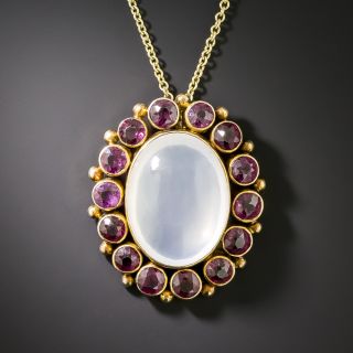 Edwardian 18K Moonstone And Rhodolite Garnet Pendant - 2