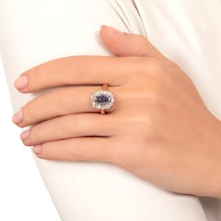 Edwardian 4.25 Carat No-Heat Sugarloaf Sapphire and Diamond Halo Ring