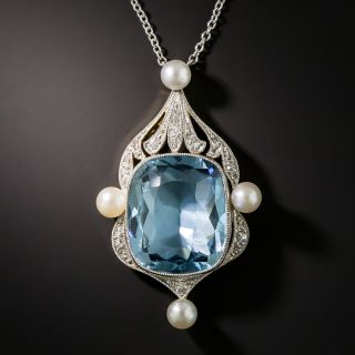 Edwardian 8.75 Carat Aquamarine, Diamond and Pearl Necklace - 2